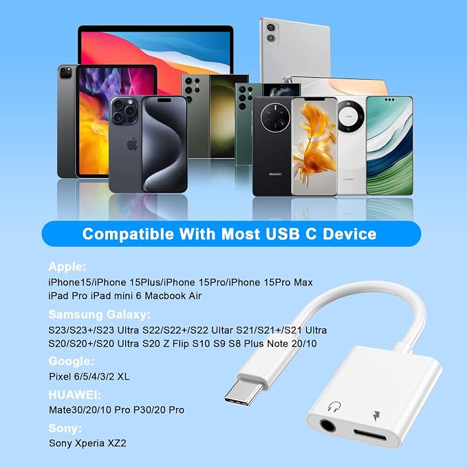 2Pack iPhone 16 15 Headphone Adapter, 2 in 1 USB C to 3.5mm Aux Audio Dongle