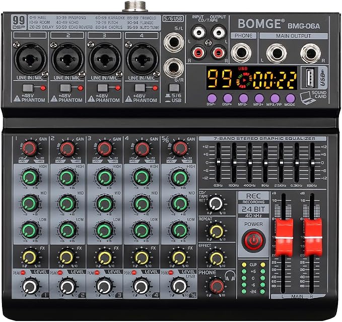 BOMGE 06A Professional 6 Channel DJ Audio Mixer, DJ Controller Sound Mixer