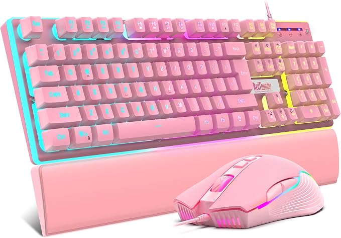 RedThunder K10 Wired Gaming Keyboard and Mouse and Wrist Rest Combo, RGB Backlit