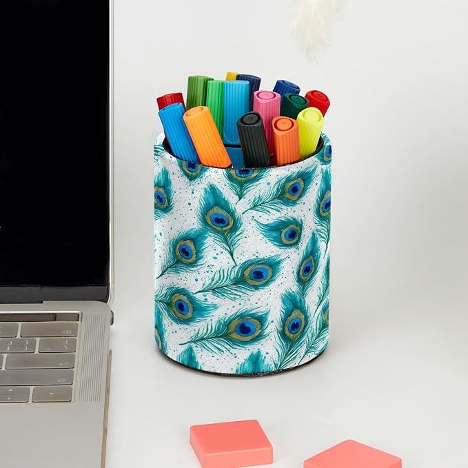 Leather Pen Holder for Desk, Peacock Feather Pencil Cup Pen Organizer Makeup