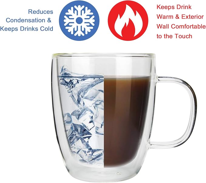 Glass Coffee Mug, Double Wall Insulated Glass Cup 12 Oz Heat-resistant Clear