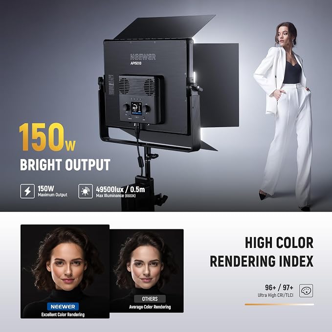 NEEWER 150W Bi Color LED Panel Video Light Kit, 1440 LEDs 49500Lux@0.5m