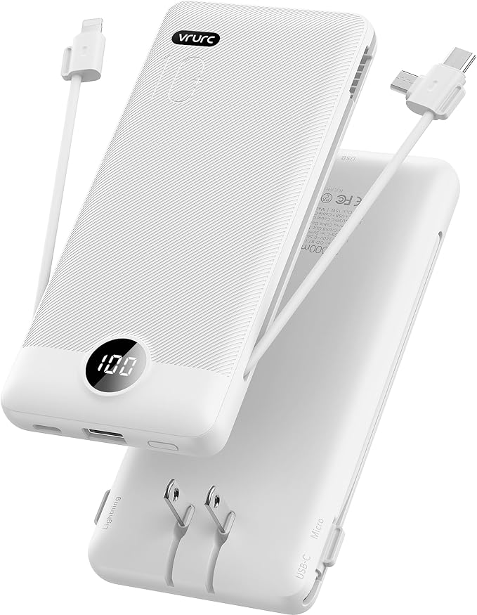 VRURC Portable Charger, Power Bank Built-in Cables and AC Wall Plug, USB C