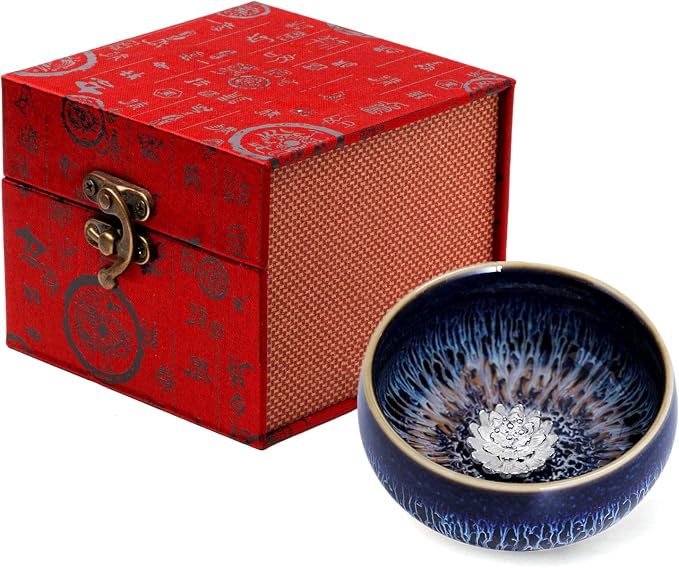 Tenmoku Ceramic Tea Cup with Lotus, 3 oz Chinese Small Teacup | Handmade