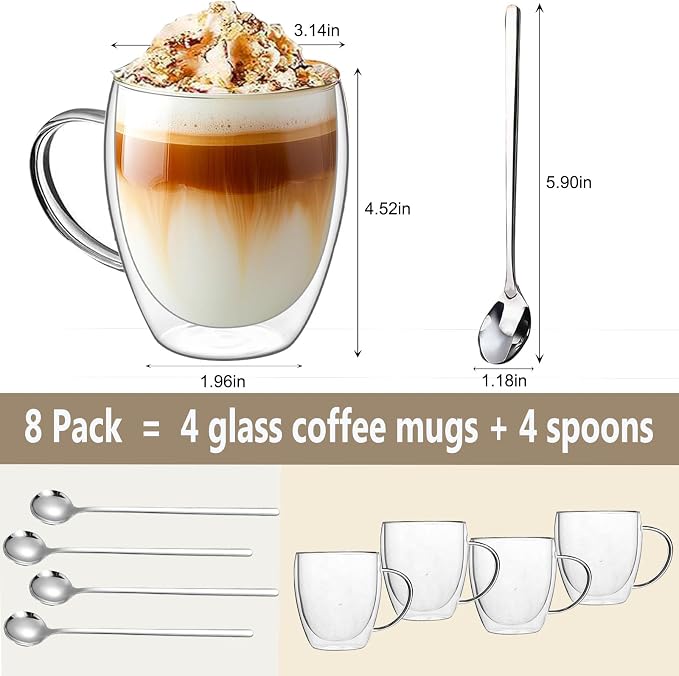 DINGPAI 4 Pack Double Wall Glass Coffee Mugs, 12oz Clear Coffee Cups | Heat