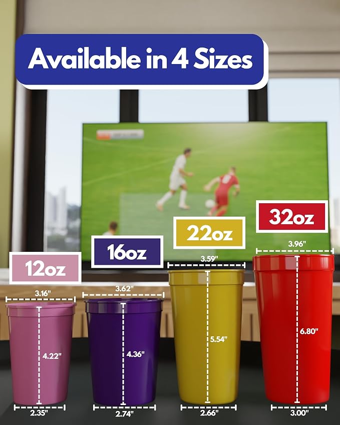 PartyPrints 10 Pack 16 oz Assorted Reusable Blank Plastic Cups, Stadium Cups