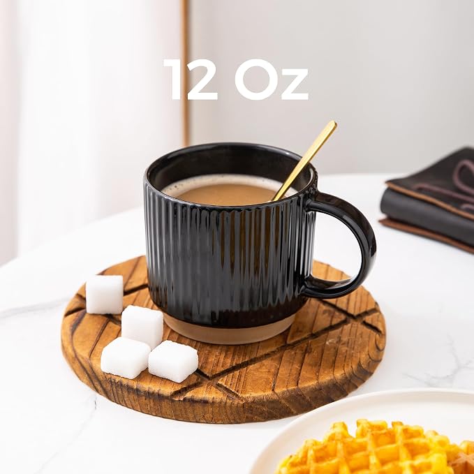 GBhome 12 OZ Stackable Coffee Mugs Set of 4, Ceramic Black Coffee Cups Set | 4