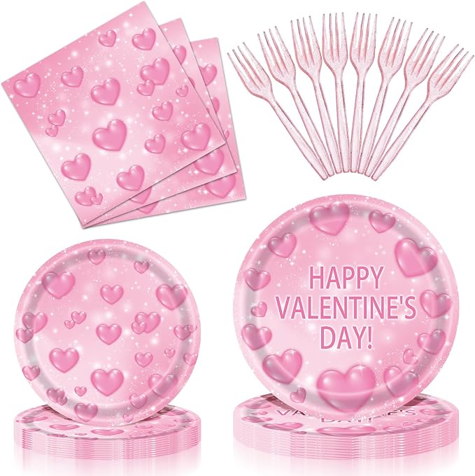 96 Pieces Valentine’s Day Tableware Set – Pink Heart Disposable Plates and