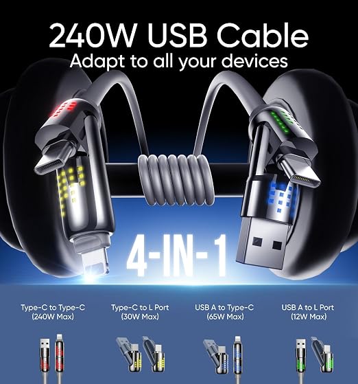 MAGIC JOHN 240W 4 in 1 Charging Cable, 6.6FT USB C to Lightning Cable, Chubby