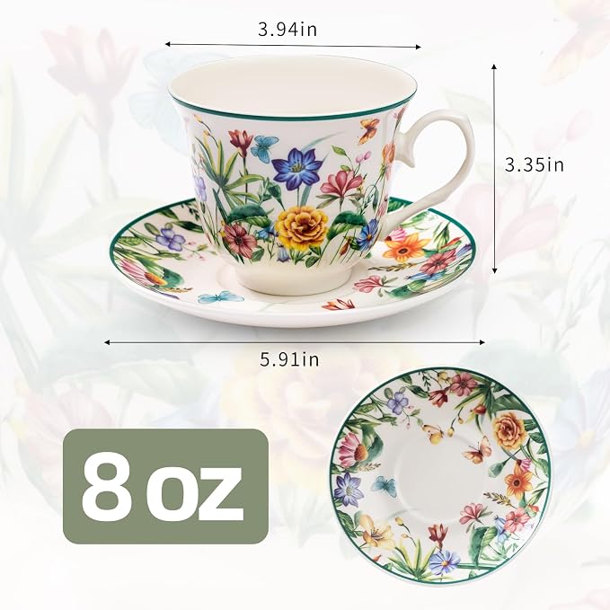 Tea Cups and Saucers, 8 OZ Wildflower Porcelain Tea Cup