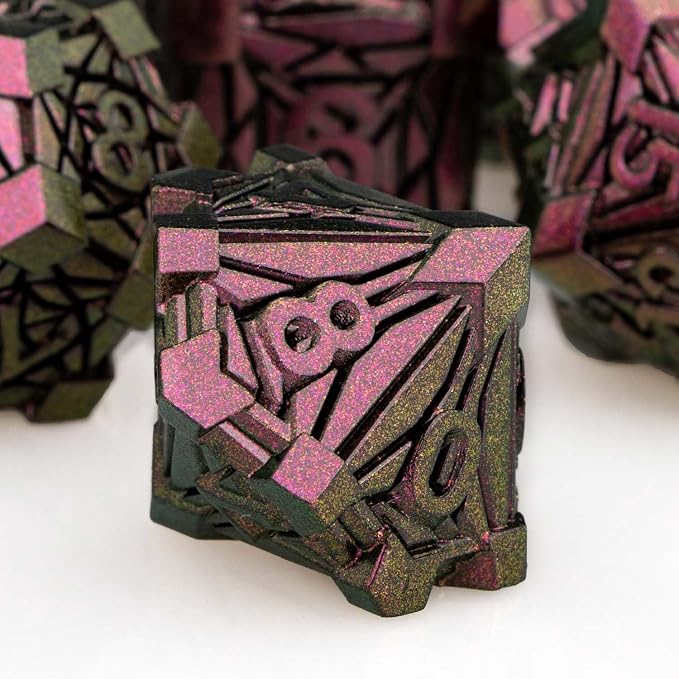 7PCS Metal DND Dice Set with Box, Debris RPG Purple Red D and D Dice