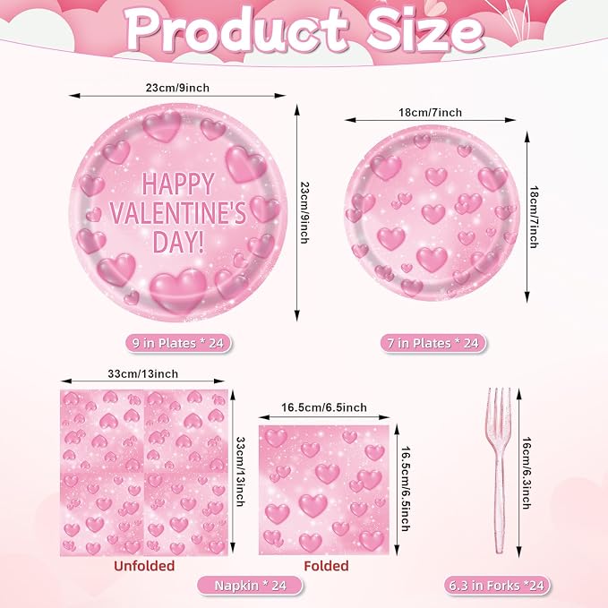 96 Pieces Valentine’s Day Tableware Set – Pink Heart Disposable Plates and