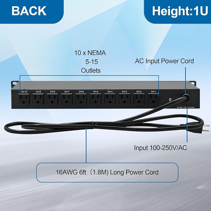 10 Outlets Horizontal 1U PDU Rackmount Power Strip
