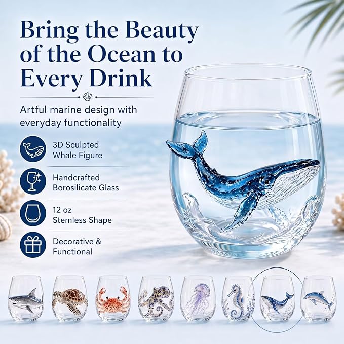 Starfish 3D Stemless Wine Glasses, Artistic Handcrafted Glassware | Novelty