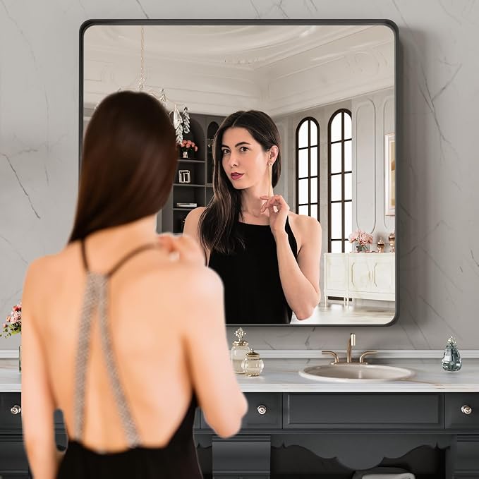 32X32 Inch Black Metal Framed Bathroom Mirror
