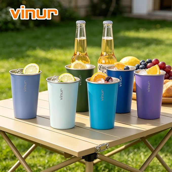 VINUR Stainless Steel Cups 16 oz Metal Drinking Glasses 6 Pcs | Stainless Steel