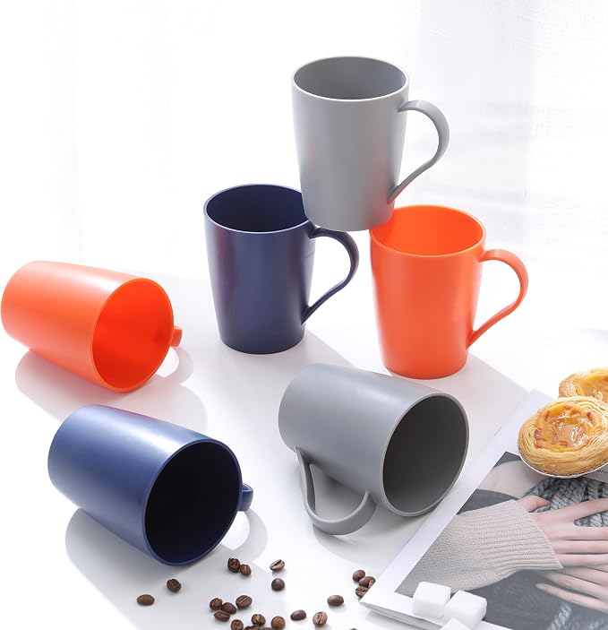 Coffee Mugs Set of 6, 12 Ounce Plastic Coffee Cups Set, 3 Basic Colors |