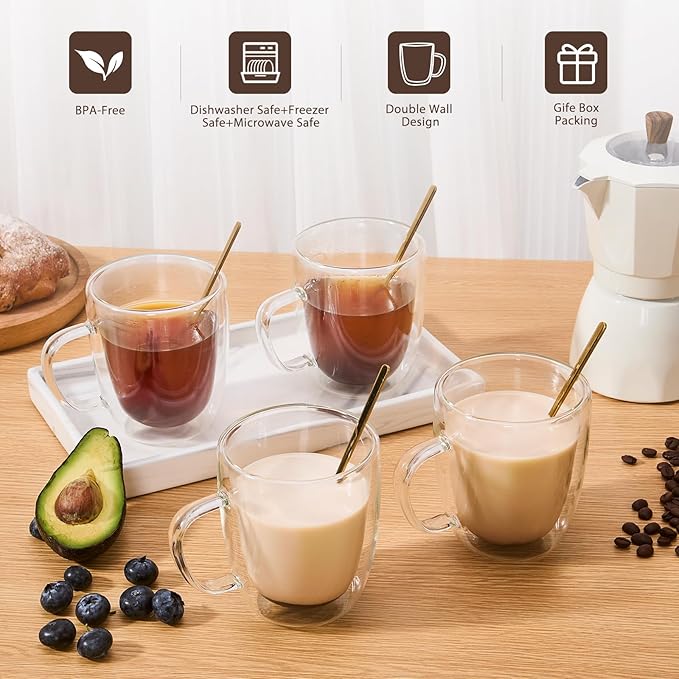 VENVENWEAVS Glass Coffee Mugs Set Of 6, 13.5 OZ Insulated Double Wall Coffee