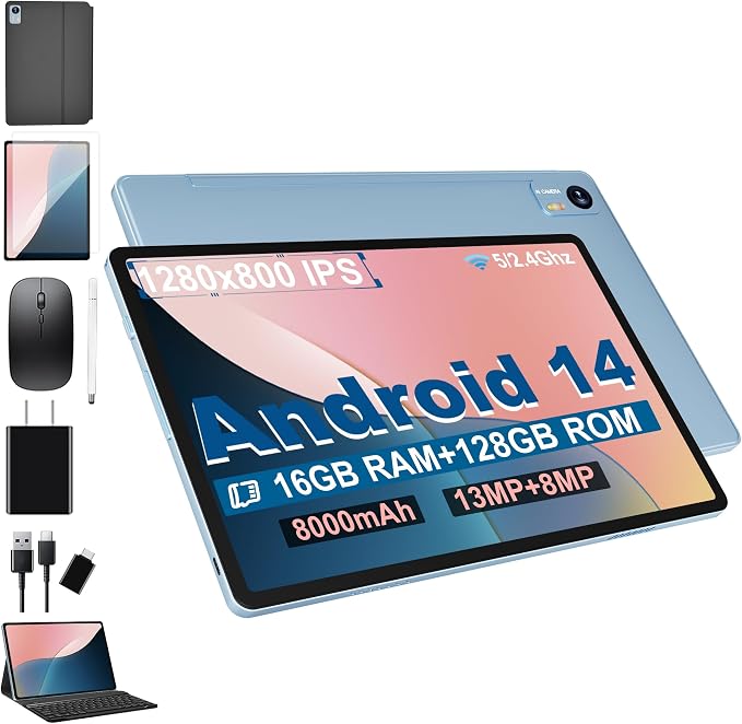 Android 14 Tablet with Keyboard，16GB RAM 128GB ROM 1TB Expand, 8000mAh Battery