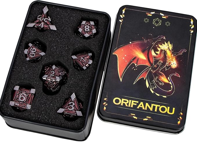 7PCS Metal DND Dice Set with Box, Debris RPG Red D and D Dice
