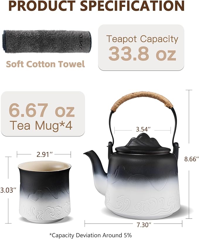ZENS Japanese Tea Set with 4 Cups, 33.8oz Ceramic Infuser Pot