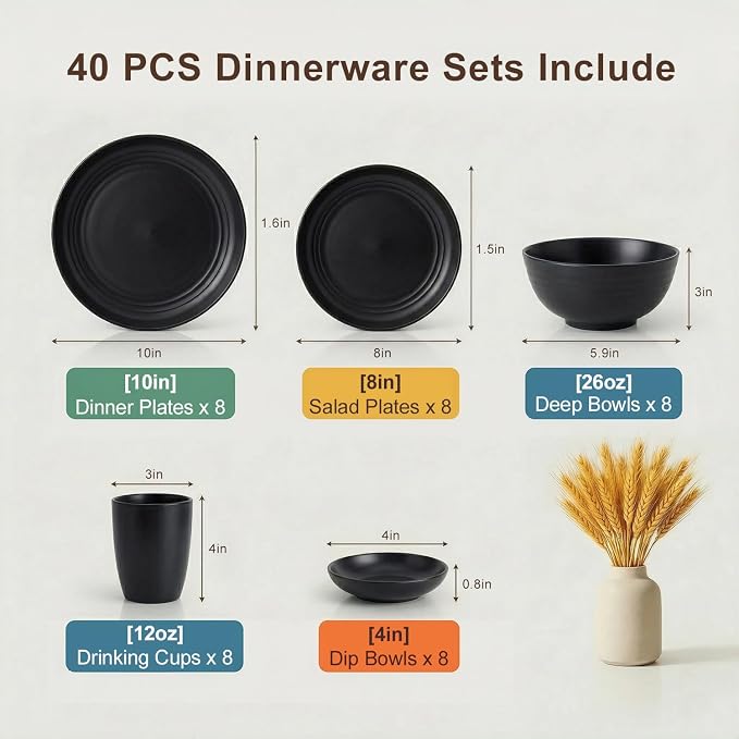 Plates and Bowls Sets for 8, Wheat Straw Dinnerware Sets 40 Piece, Unbreakable