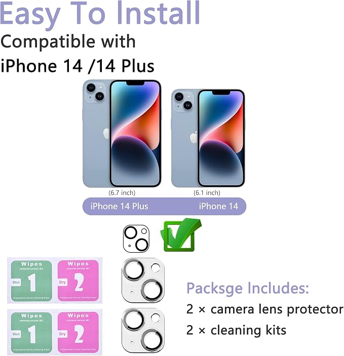 2 Pack Camera Lens Protector for iPhone 14 / iPhone 14 Plus, AR Tempered Glass