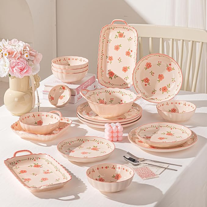 Ceramic Dinnerware Set, Floral Plates and Bowls Sets, Microwave & Dishwasher