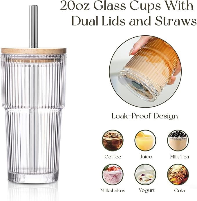 KEMORELA 20oz Ribbed Glass Tumblers