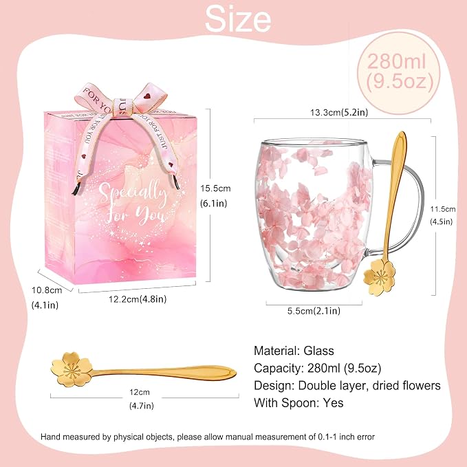 Gifts for Women Dried Flowers Double Wall Glass Coffee Mugs Cute Glass Tea Cups