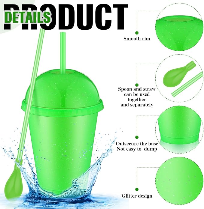 6 Set Slushie Cups with Dome Lids and Straws Detachable Spoon Straws Reusable