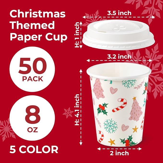 Fit Meal Prep 50 Pack 8 oz Christmas Disposable Coffee Cups