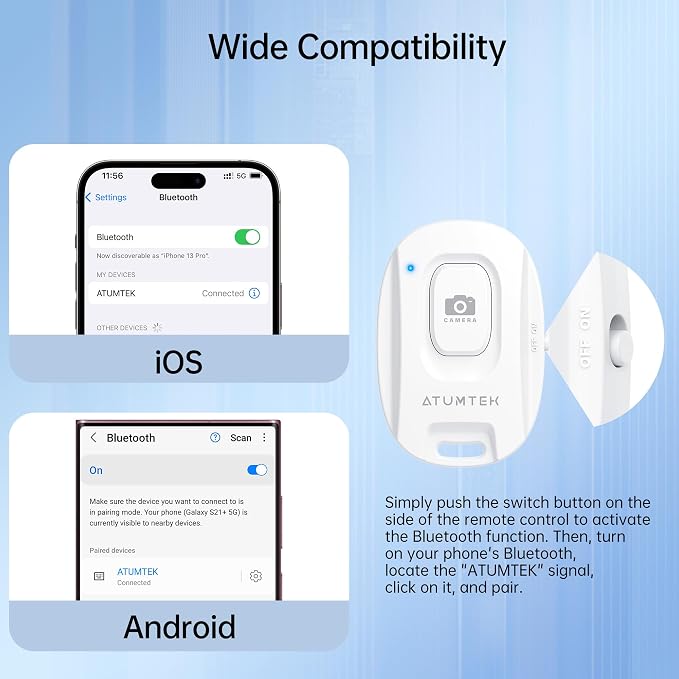 ATUMTEK Camera Remote Shutter for iPhone and Android Smartphones, Wireless