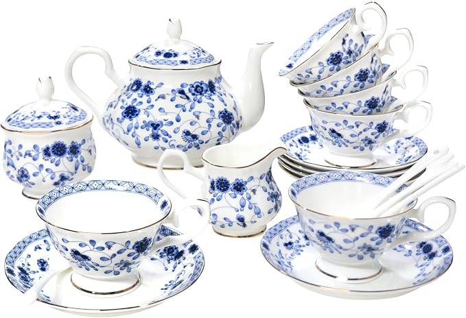 Bone China Tea Set, 21-Pieces Porcelain Tea Set