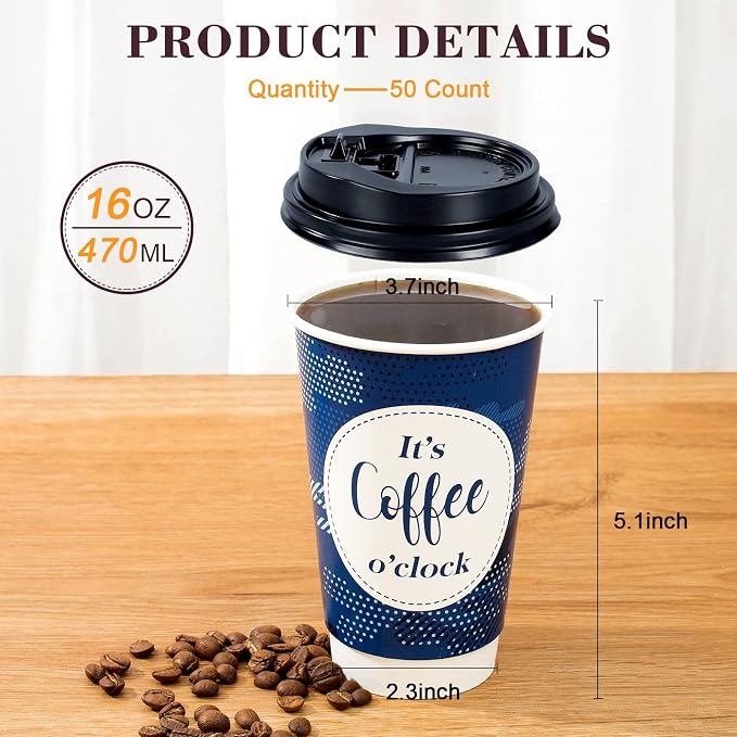 Disposable Coffee Cups with Lids 16 oz, 50 Pack Double-Walled Fun Designs