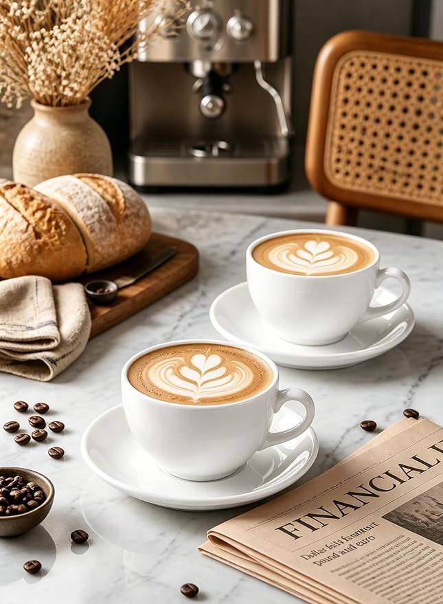 Porcelain Coffee Cups Set with Saucer, 6 Ounce,