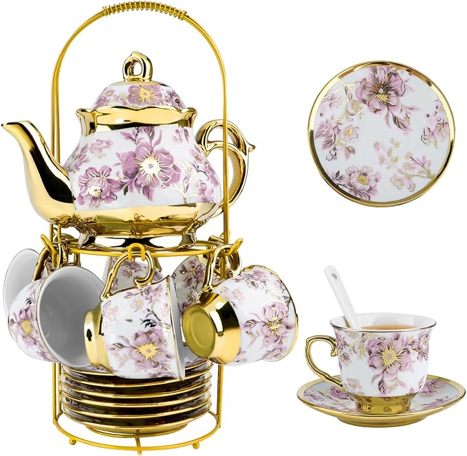 20 Pcs Porcelain Tea Set With Metal Holder,