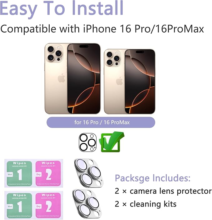 2 Pack Camera Lens Protector for iPhone 16 Pro/iPhone 16 Pro Max, AR Tempered