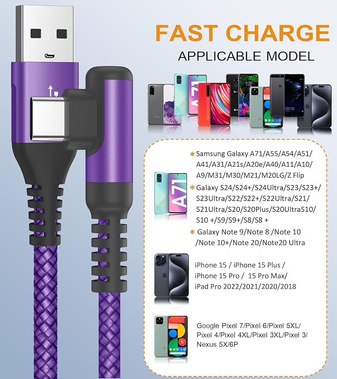 sweguard USB C Cable Right Angle, USB Type C iPhone 16 Charger Cable Nylon