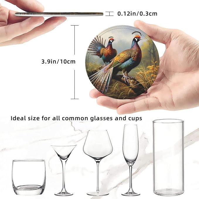 6Pcs PU Leather Coaster for Drinks, Pheasants Animals Cup Coasters