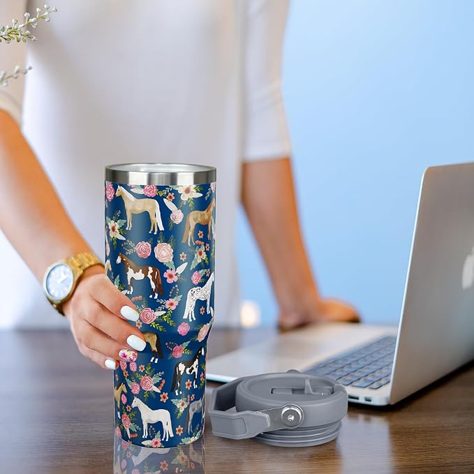 30 oz Horse Tumbler with Handle and Flip Straw, Vacuum Insulated Water Bottle