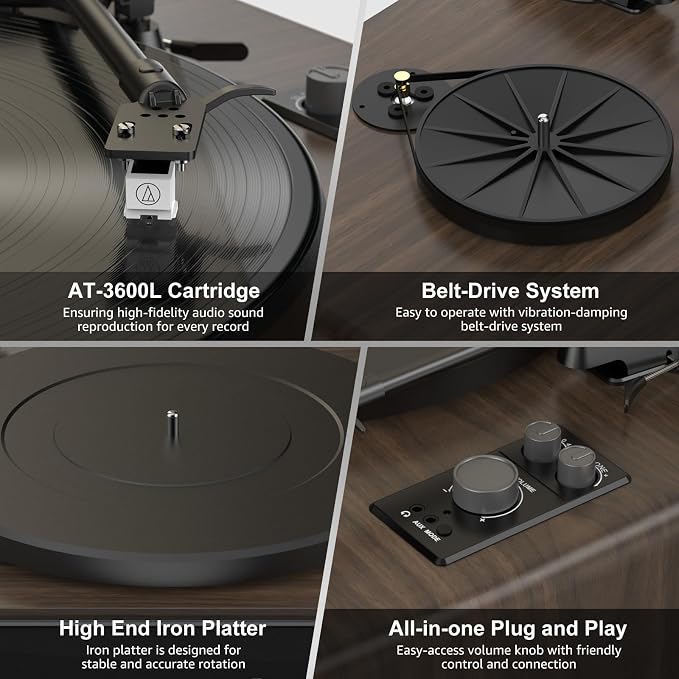 Vinyl Record Player Built in HiFi Stereo Speakers BT Wireless Input Belt Drive
