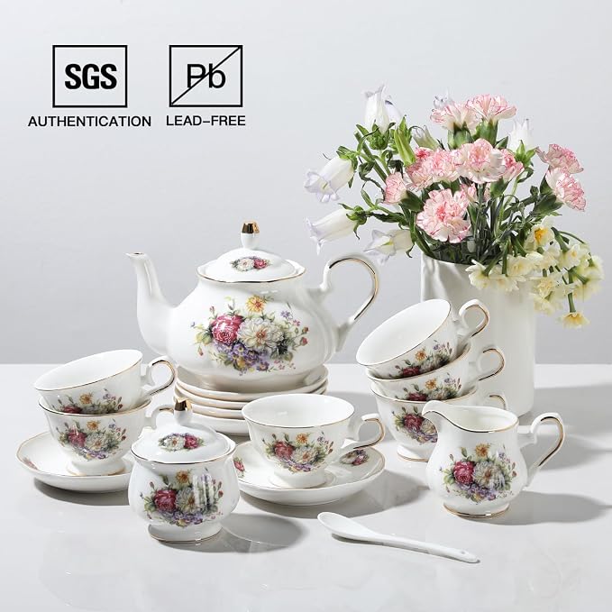 Sweejar Porcelain Tea Set Vintage Floral, British Relief Gold Rim Teapot Cup