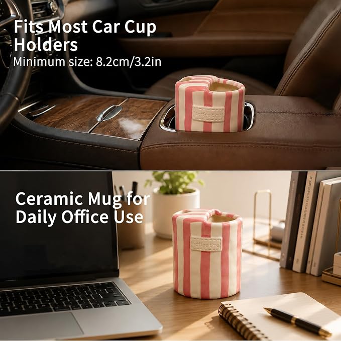 Ceramic Coffee Mug with Sip Hole, 12oz Striped Ceramic To Go Coffee Cup