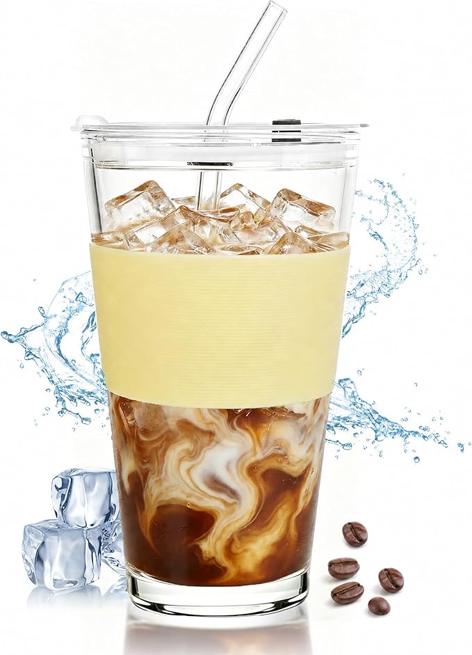 Birity 16oz Glass Cups with Lids and Straws, Glass tumbler With Straw and