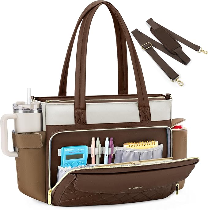 RAINSMORE Teacher Bag for Women, 15.6" Laptop Work Tote, 40oz Cup Holder |
