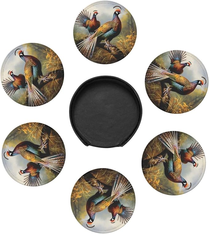6Pcs PU Leather Coaster for Drinks, Pheasants Animals Cup Coasters