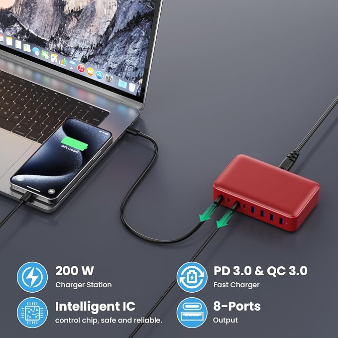 USB C Charger 200W USB C Charger Block, Upgraded GaN III 8-Port Fast Charging