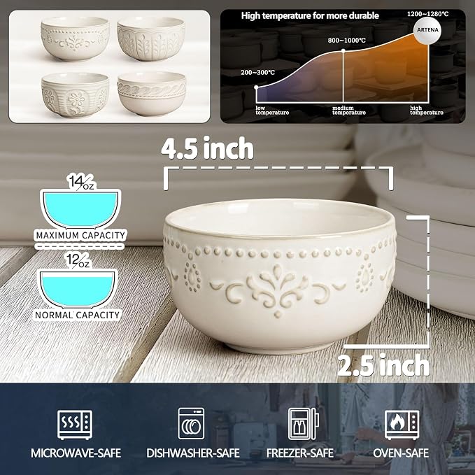 Small Bowls Set of 4, 12 oz Ceramic Embossment Dessert Bowls, Ice Cream