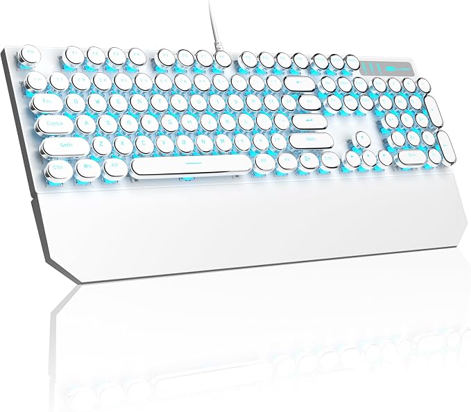 MageGee Typewriter Mechanical Gaming Keyboard, Retro Punk White Round Keycaps